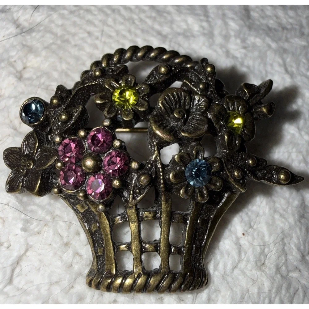Vintage Brooch Floral Basket Multi Rhinestone GoldTone Floral Pin 1.25